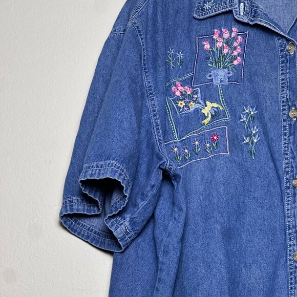 Bobbie Brooks Denim Jean Shirt Button Floral Embroidered Pant Women 26 Pink Boho - Picture 9 of 11